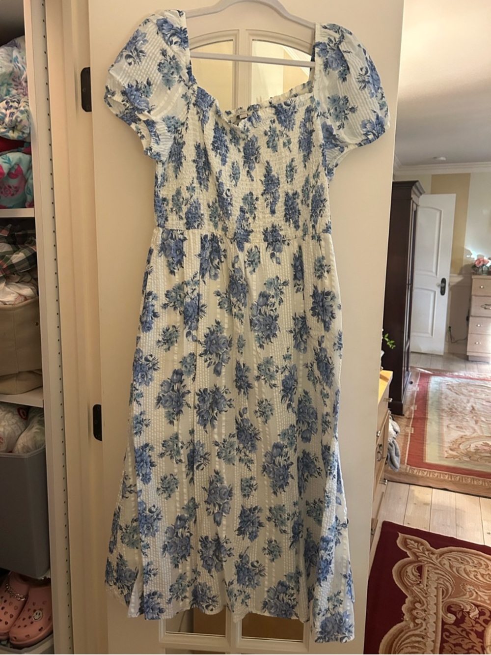 LOFT White Midi Dress with Blue Floral Print